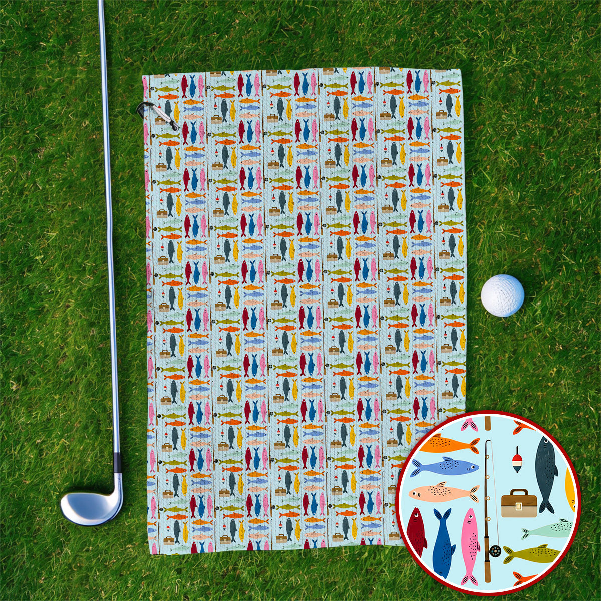 Colorful Fish Pattern Golf Towels, Fishing Rod Pattern Golf Towel, Crazy Golf Gift For Anglers and Fishermen