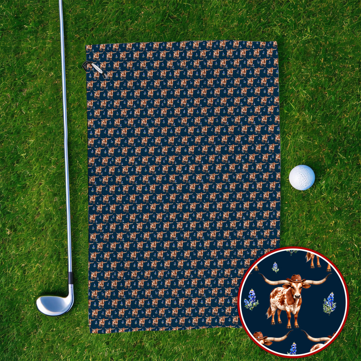 Crazy Texas Golf Towels, Western Cowboy Longhorn Patatern Golf Towel, Texas Bluebonnet Golf Gift For Golfers