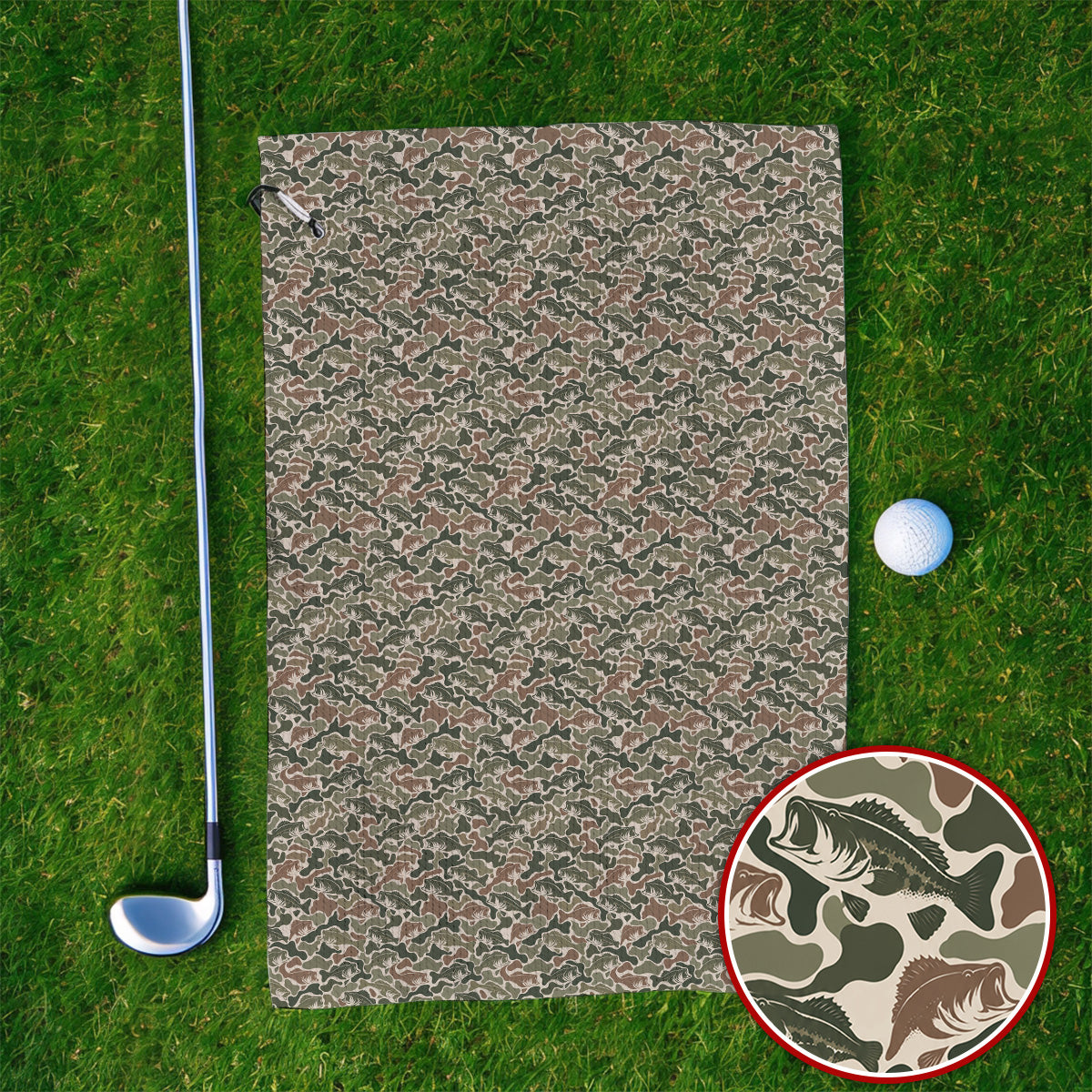 Bass Fishing Camo Pattern Golf Towels, Largemouth Bass Camouflage Golf Towel, Golf Gift For Golfers