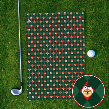 Christmas Pomeranian Golf Towels, Green Argyle & Santa Dog Pattern Golf Towel, Xmas Golf Gift For Golfer