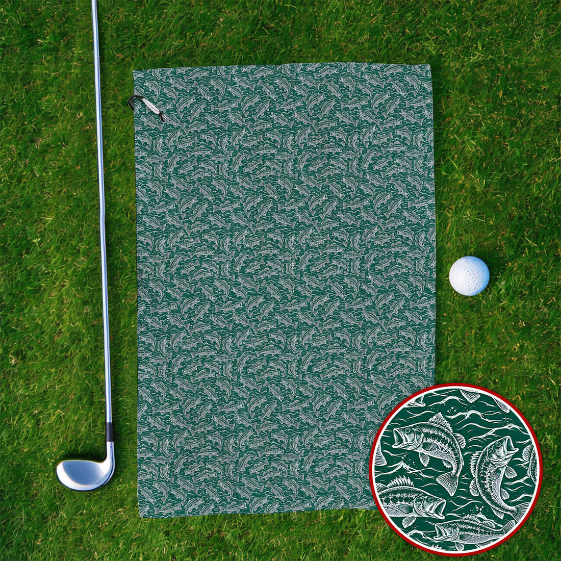 Vintage Bass Fishing Golf Towels, Forest Green Fish & Water Pattern Towel, Golf Apparel Gift for Fishing Lovers