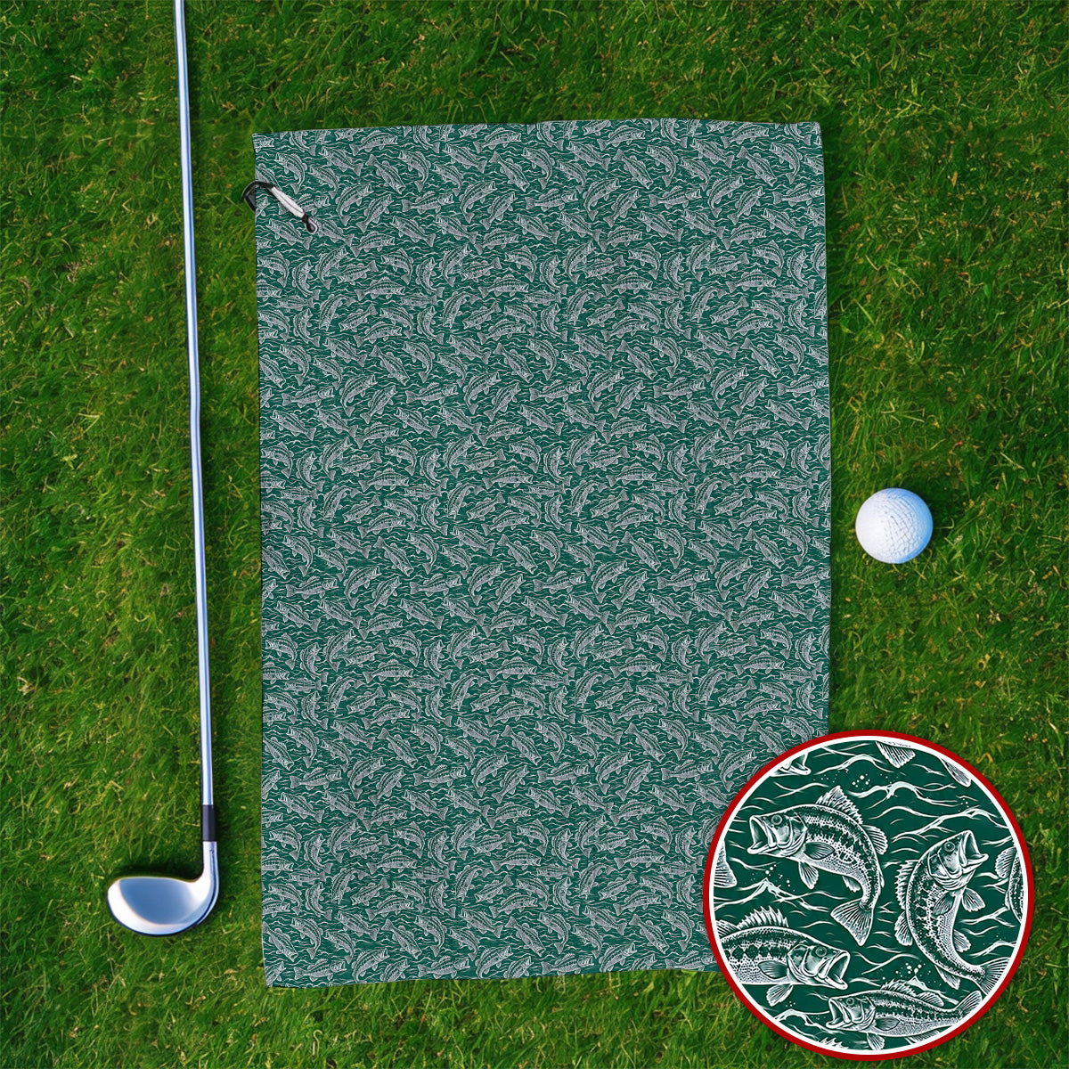 Vintage Bass Fishing Golf Towels, Forest Green Fish & Water Pattern Towel, Golf Apparel Gift for Fishing Lovers