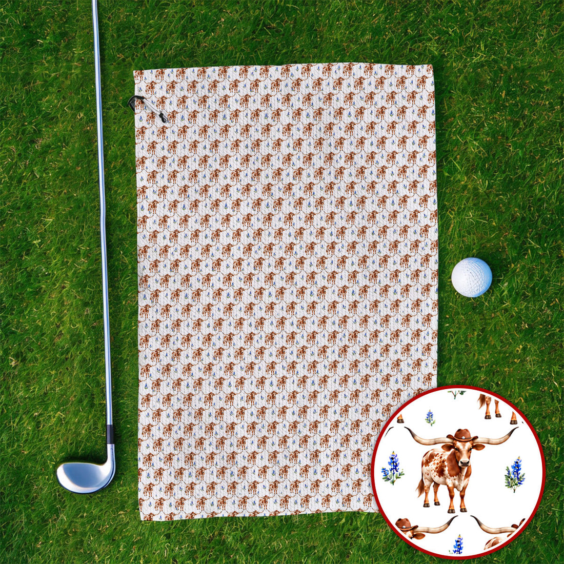 Crazy Texas Golf Towels, Western Cowboy Longhorn Patatern Golf Towel, Texas Bluebonnet Golf Gift For Golfers