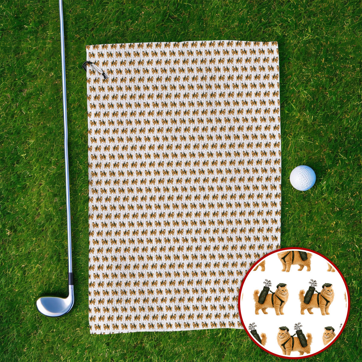 Ginger Long Hair Cat Golf Towel, Cute Orange Cat Pattern Golf Towels for Cat Lovers, Golf Gift for Long Haired Cat Owners