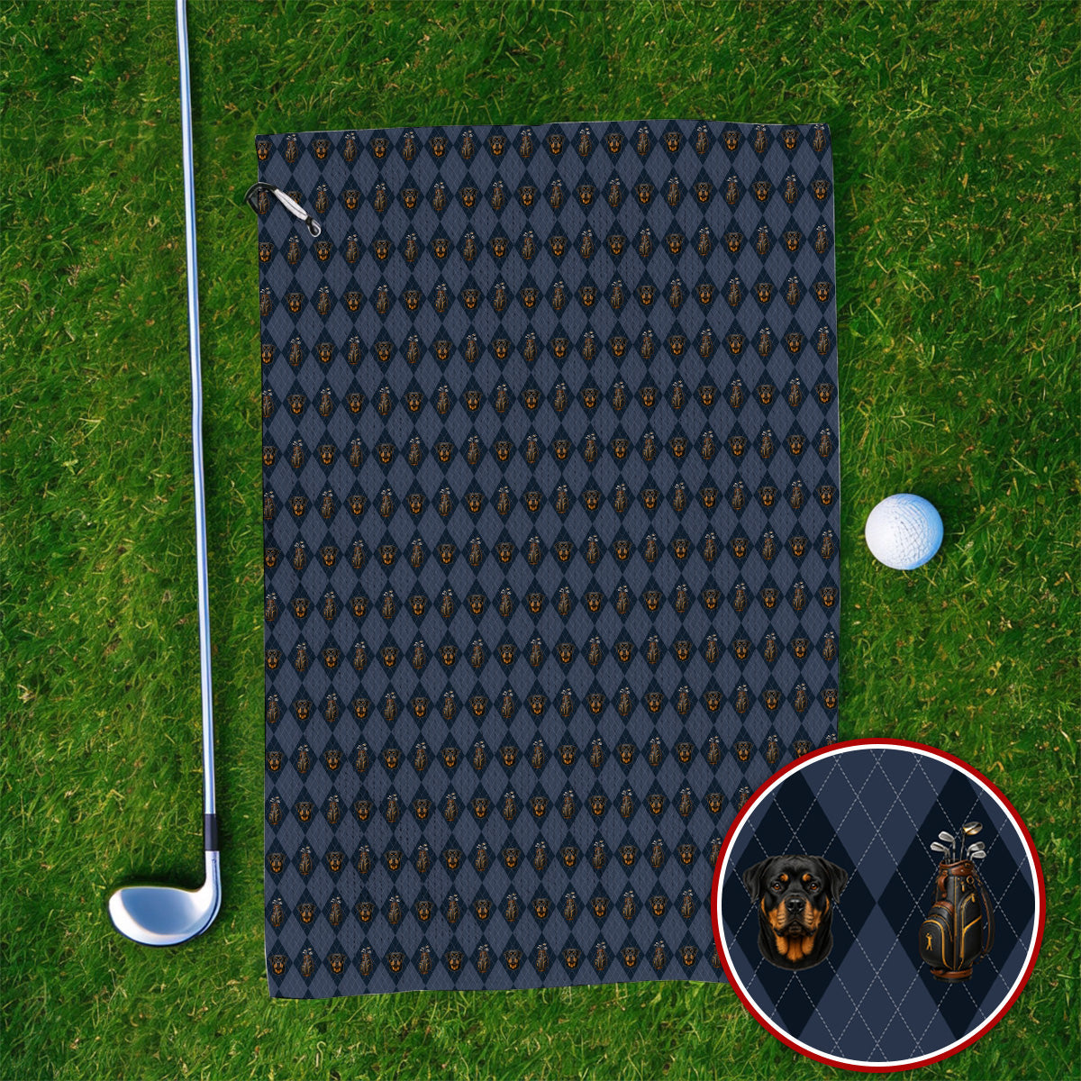 Rottweiler Argyle Pattern Golf Towel, Crazy Rottweiler Golf Towels, Dog Lover Golf Gift