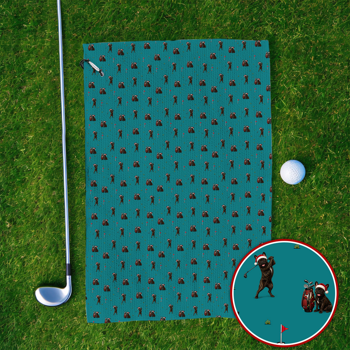 Christmas French BullDog Golfer Towel, Xmas French BullDog Golf Pattern Towels, Holiday Golf Gift for Golfers