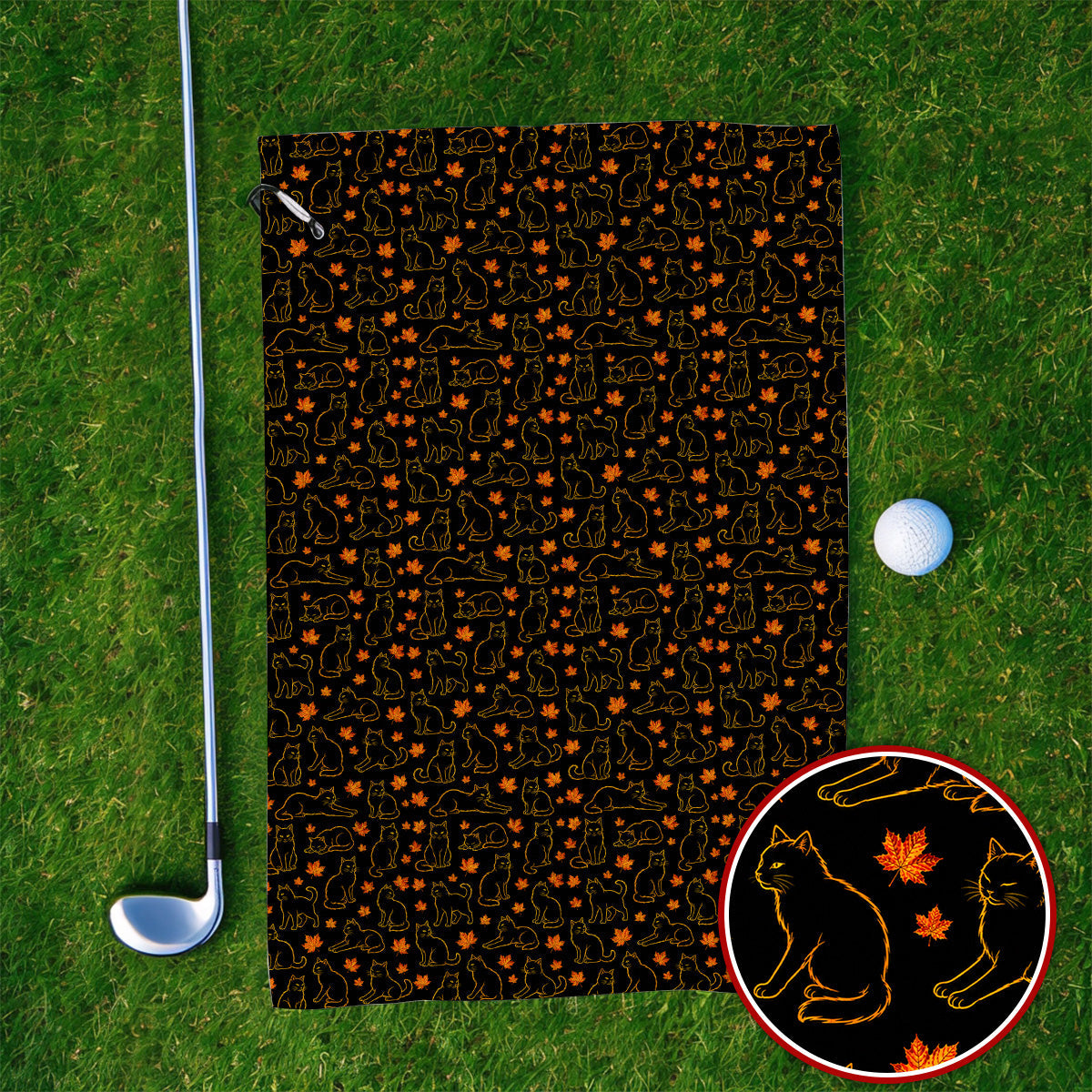 Autumn Black Longhair Cat Golf Towel, Black Longhair Cat Pattern Golf Towels, Cat Lovers Golf Gift