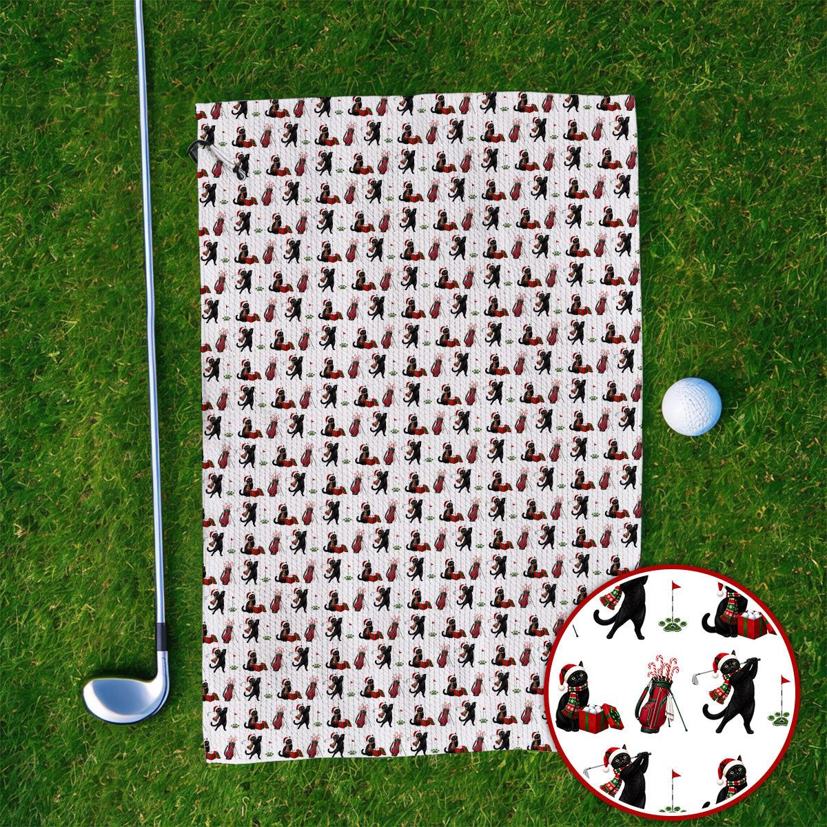 Black Cat Christmas Golf Towels, Festive Cat Patterm Golf Towel, Funny Holiday Golf Gift For Golfer