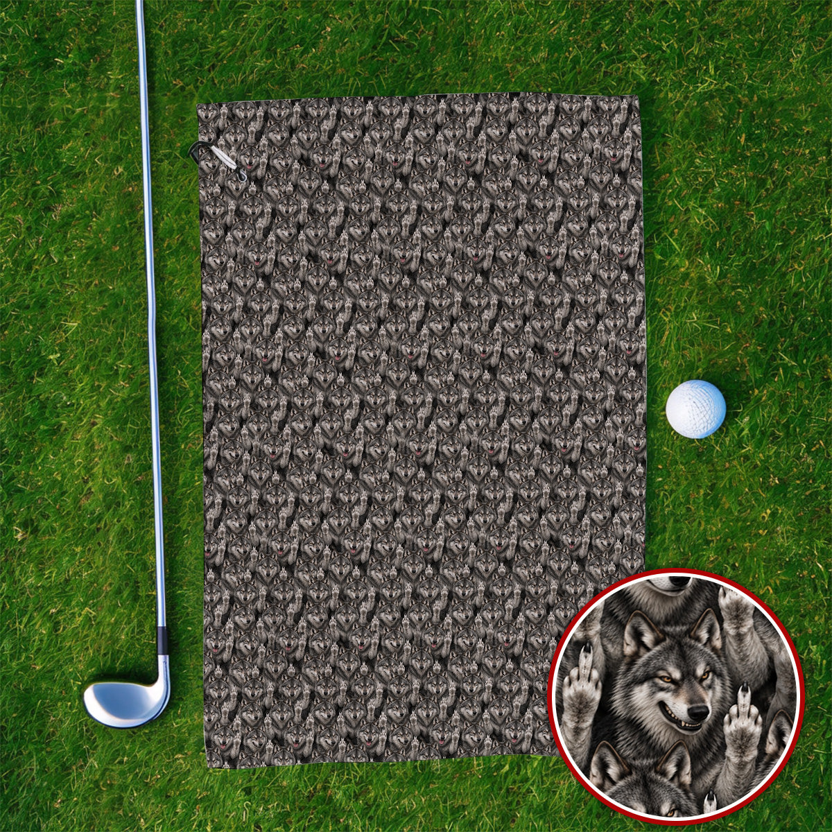 Crazy Wolf Golf Towel, Wolf Golf Pattern Towels, Golf Gift for Golfers