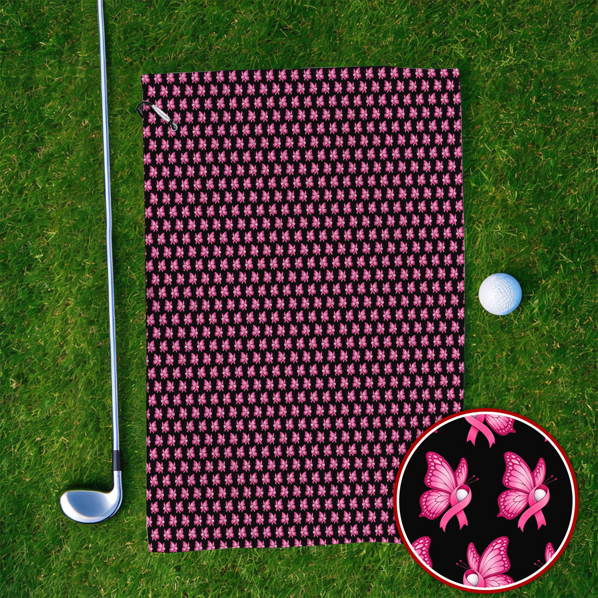 Breast Cancer Awareness Golf Towel, Pink Ribbon Butterfly Golf Towels for Golf Lovers, Support Cancer Awareness Golf Gift