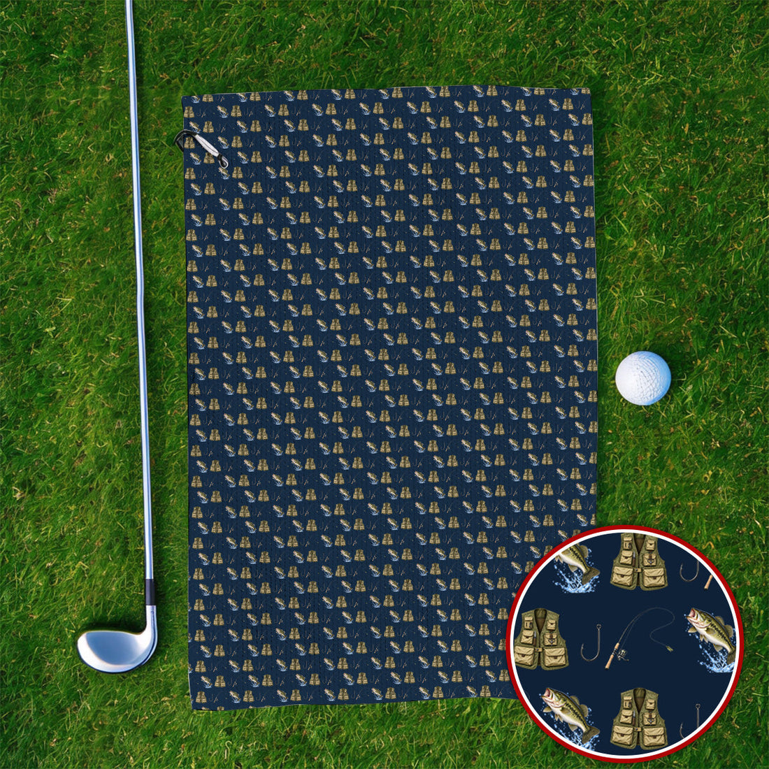 Bass Fishing Golf Towels, Largemouth Bass & Fishing Gear Pattern Golf Towel, Crazy Golf Gift For Golfers