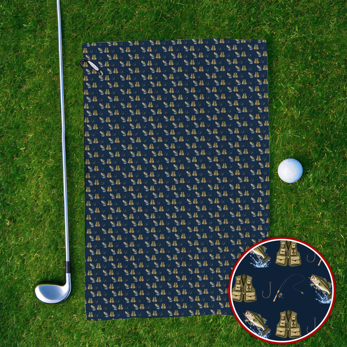 Bass Fishing Golf Towels, Largemouth Bass & Fishing Gear Pattern Golf Towel, Crazy Golf Gift For Golfers