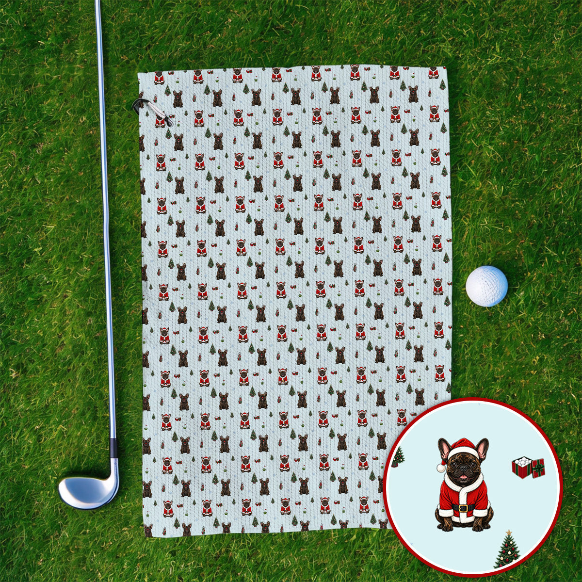Reindeer French Bulldog Christmas Golf Towels, Festive Dog Holiday Pattern Golf Towel, Xmas Golf Gift for Golfers