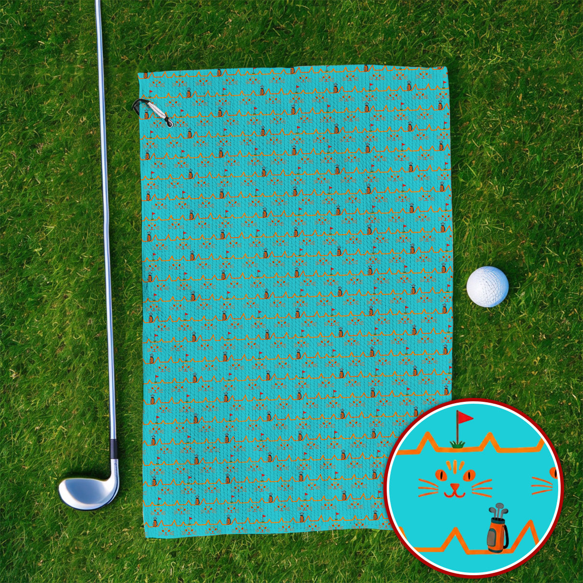 Cat Lover Golf Towels, Turquoise Cat Face & Golf Bag Pattern Golf Towel, Funny Kitty Golf Gift for Golfers
