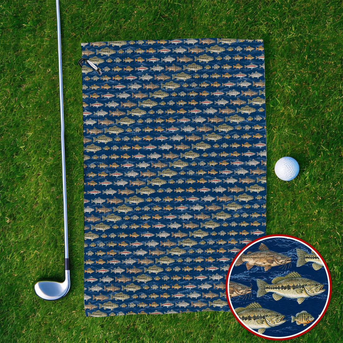 Freshwater Fishing Pattern Golf Towels, Bass Trout Catfish & Perch Golf Towel, Fishing Gift For Golfer