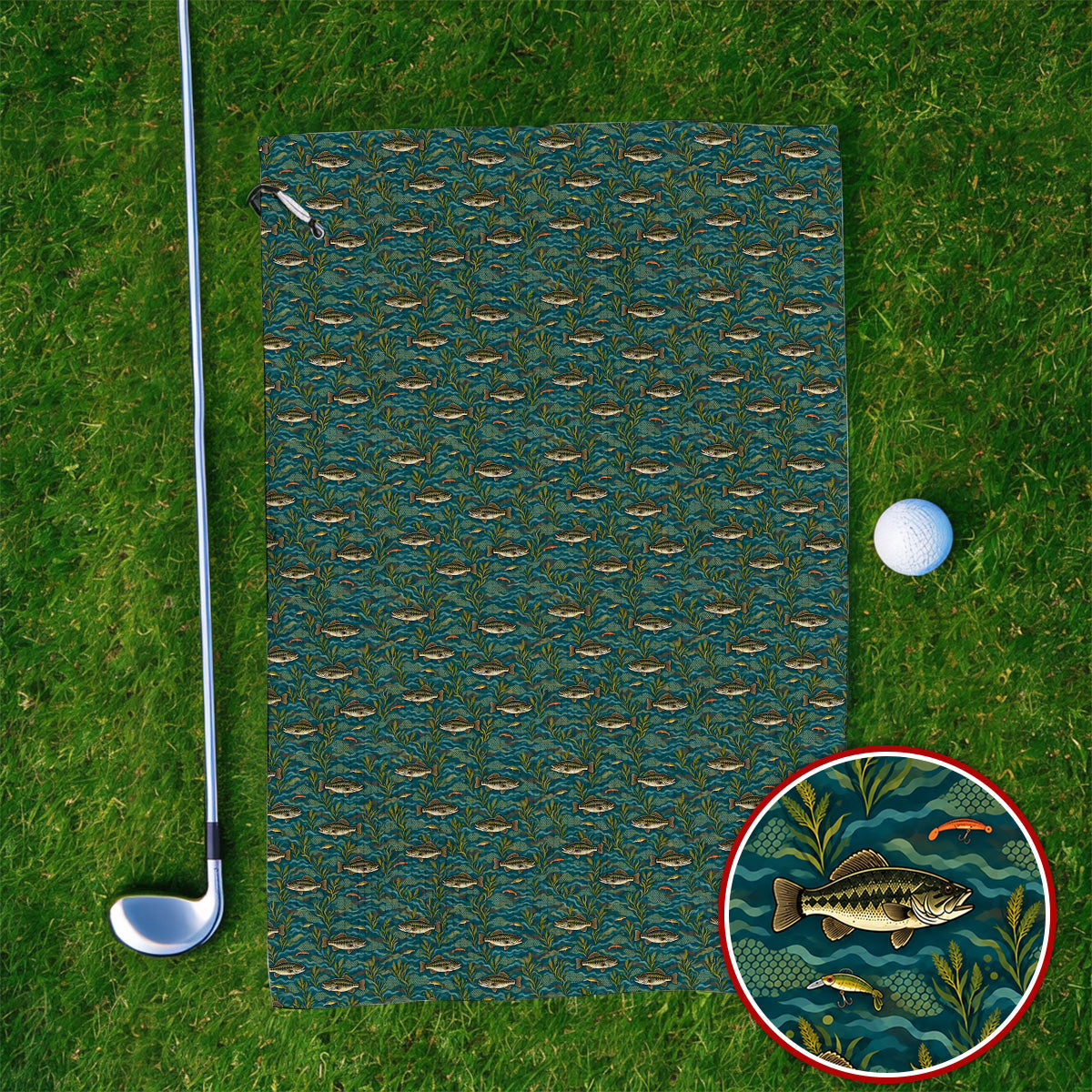 Crazy Bass Fishing Golf Towels, Fishing Bass & Rod Pattern Golf Towel, Golf Gift For Golfers