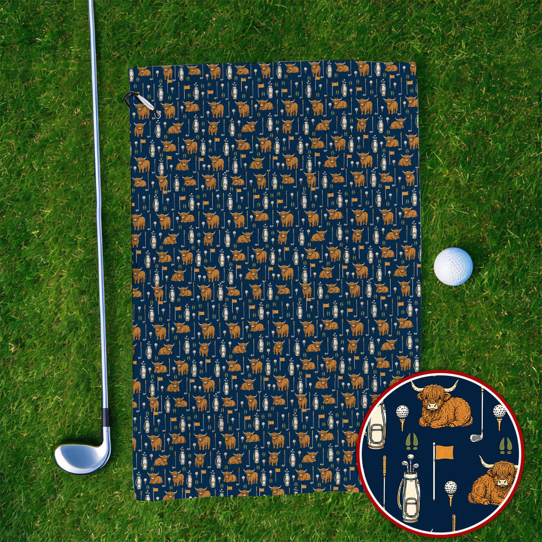 Highland Cow Fairway Towels, Highland Cow Golf Pattern Towel, Golf Gift For Golfer