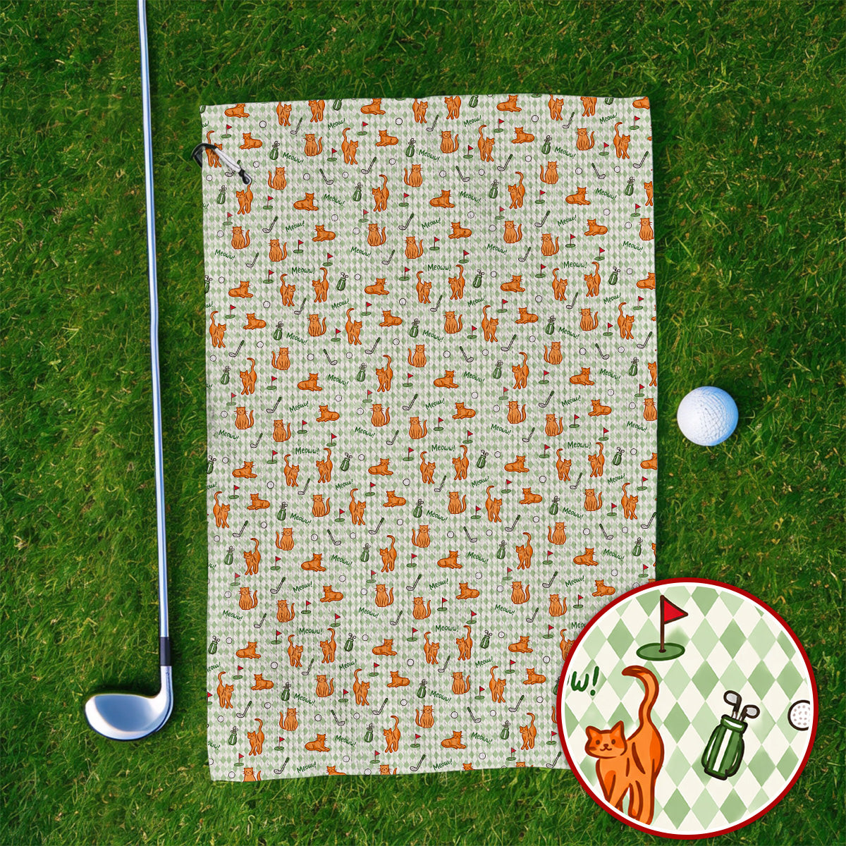Cute Orange Cat Golf Towels, Meow Cat And Golf Pattern Towel, Funny Cat Golf Gift For Golfer