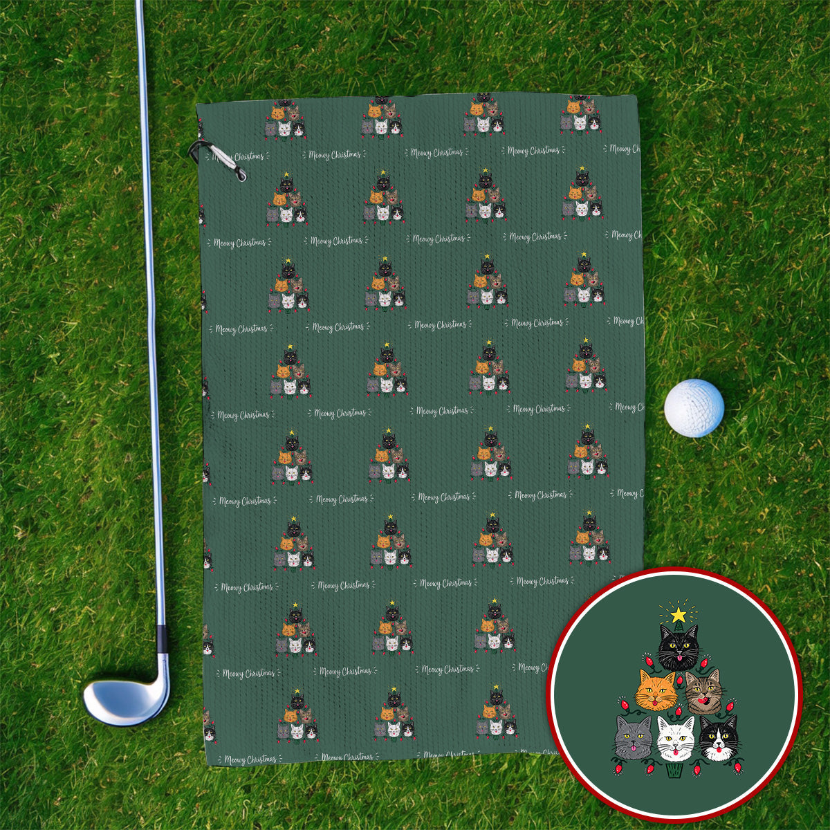 Meowy Christmas Cat Golf Towels, Festive Cat Christmas Pattern Golf Towel, Xmas Golf Gift For Cat Lovers