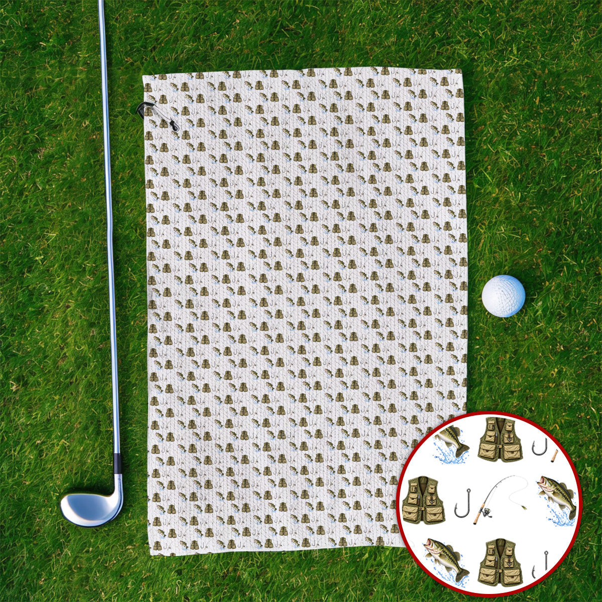Bass Fishing Golf Towels, Largemouth Bass & Fishing Gear Pattern Golf Towel, Crazy Golf Gift For Golfers