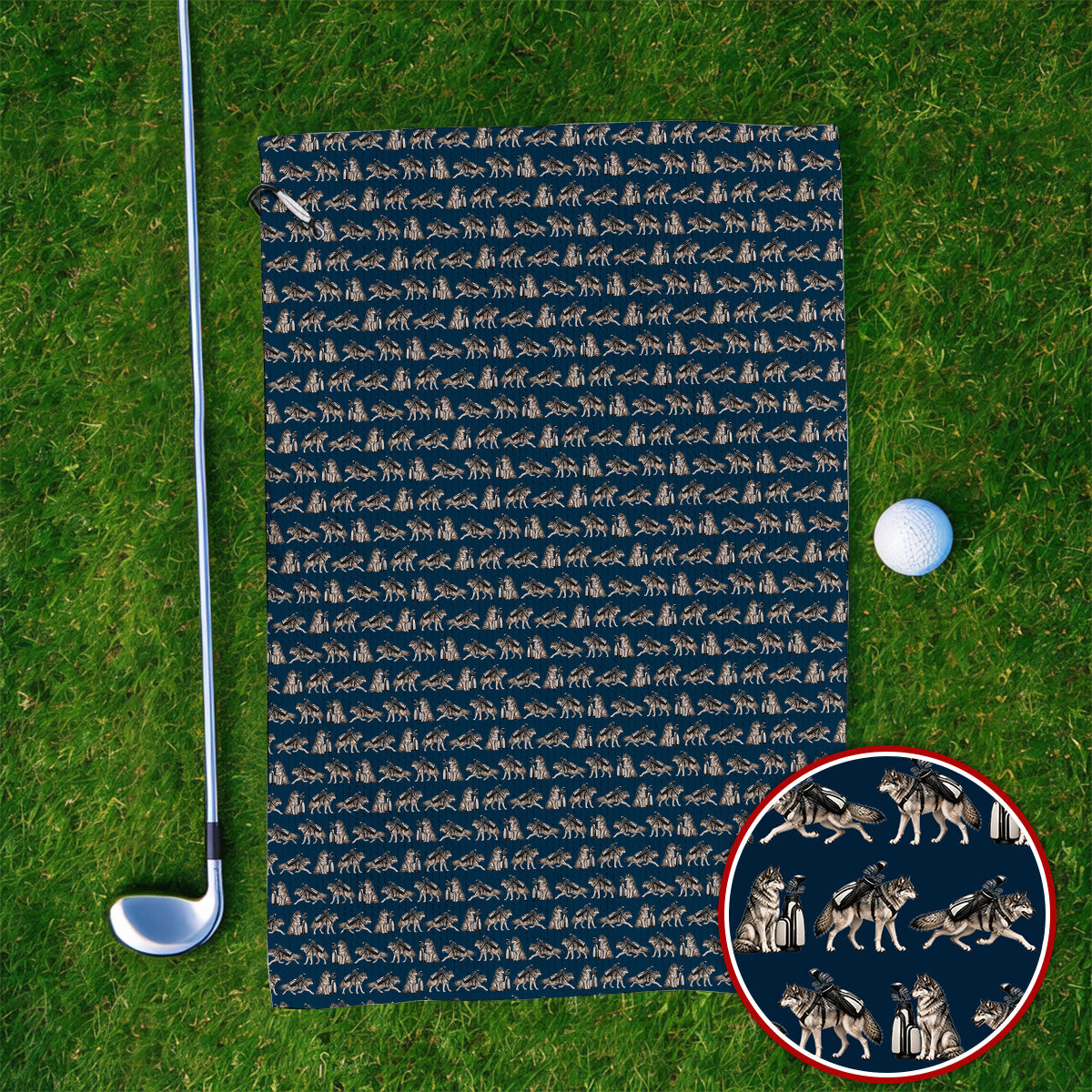 Wolf Golf Pattern Towels, Wild Wolf Golfing Towel, Unique Wolf Golf Gift for Golfers