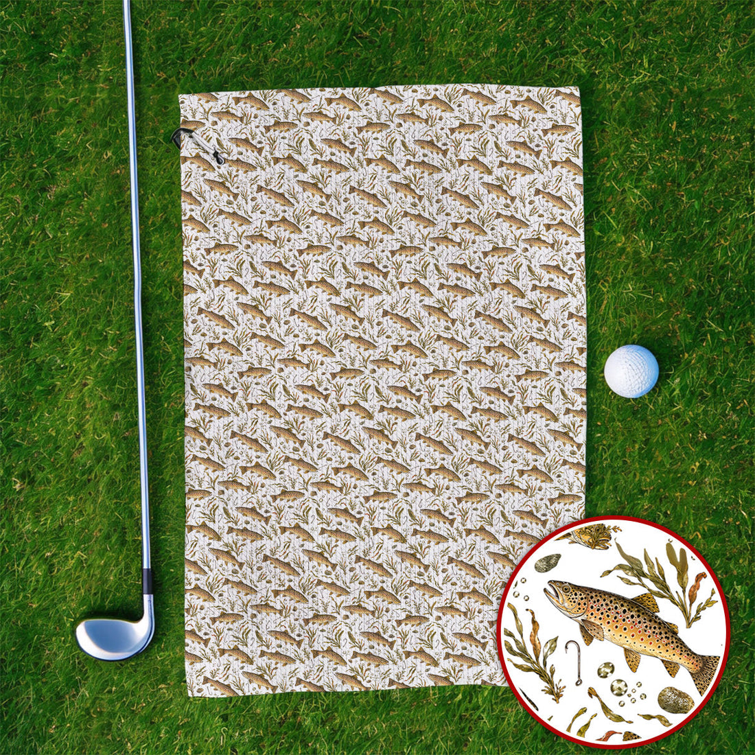 Funny Brown Trout Fishing Golf Towels, Vintage Trout & Fly Fishing Pattern Golf Towel, Golf Gift For Golfer