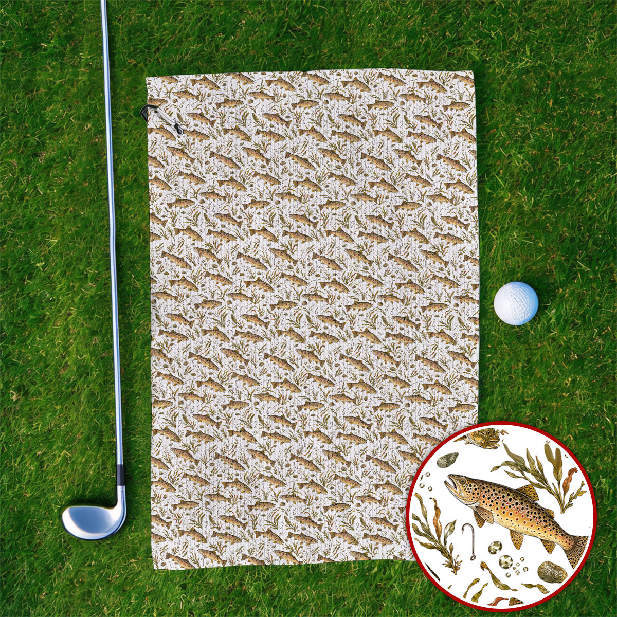 Funny Brown Trout Fishing Golf Towels, Vintage Trout & Fly Fishing Pattern Golf Towel, Golf Gift For Golfer
