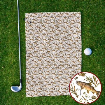 Funny Brown Trout Fishing Golf Towels, Vintage Trout & Fly Fishing Pattern Golf Towel, Golf Gift For Golfer