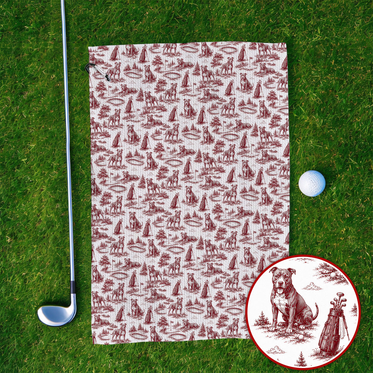Crazy Pit Bull Golf Towels For Golfer, Toile de Jouy Pit Bull Pattern Golf Towel, Dog Lover Golf Gift