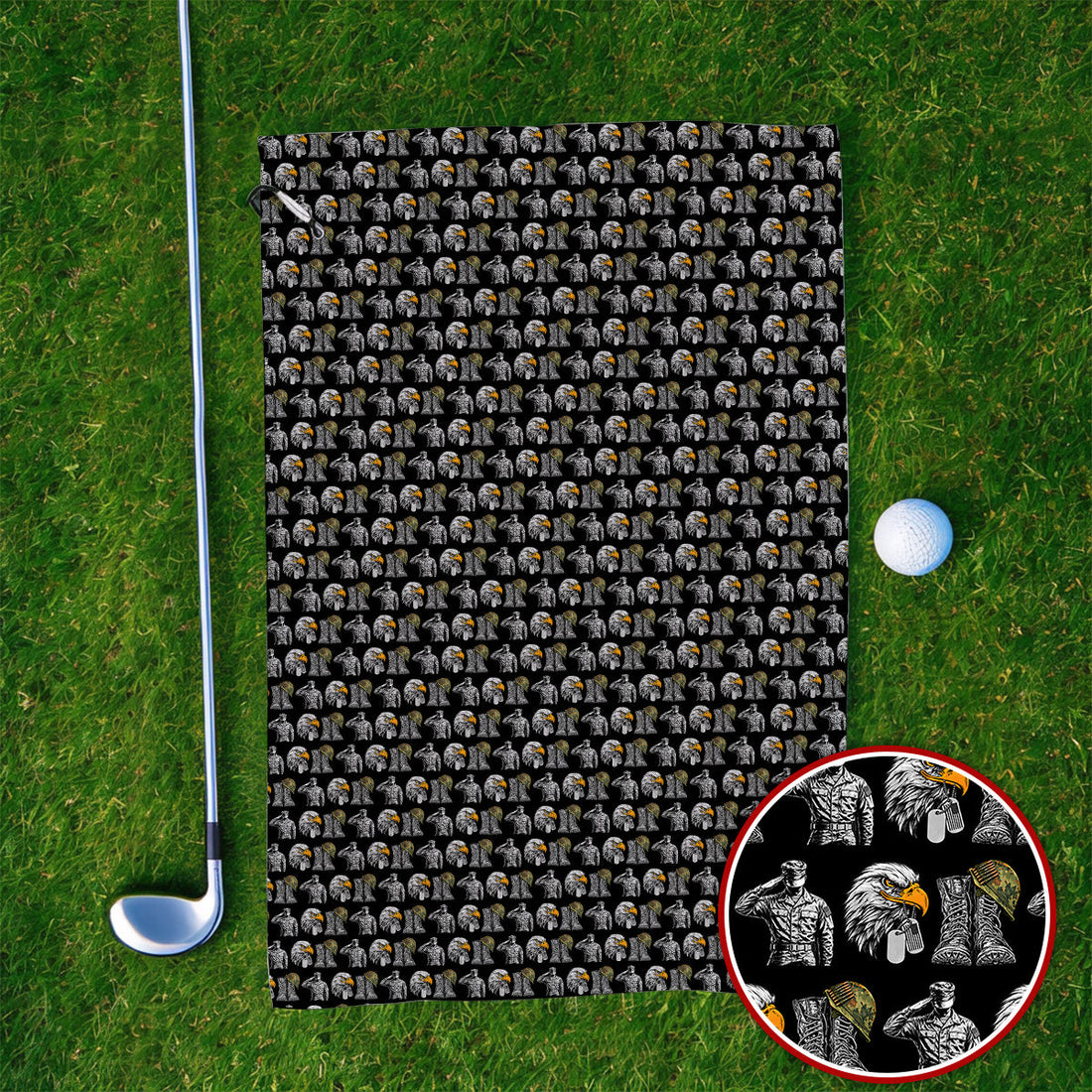 Veteran Eagle Golf Towels, Military Soldier & Army Tribute Pattern Golf Towel, Patriotic Veterans Day Golf Gift for Golfer