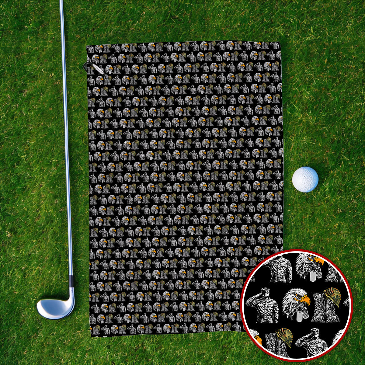Veteran Eagle Golf Towels, Military Soldier & Army Tribute Pattern Golf Towel, Patriotic Veterans Day Golf Gift for Golfer