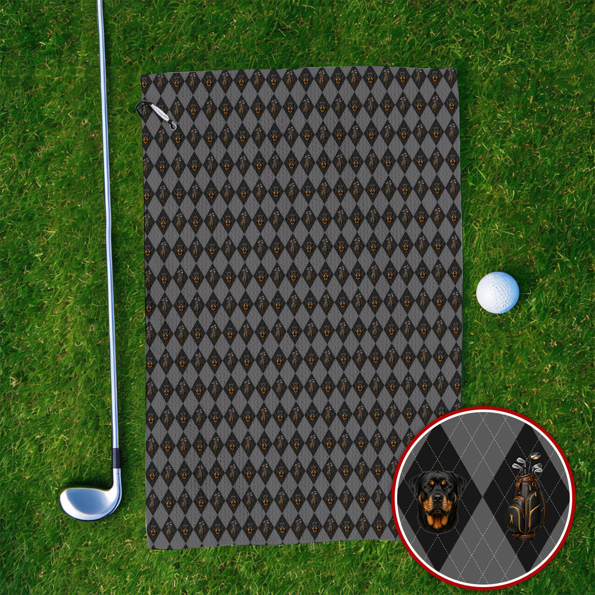 Rottweiler Argyle Pattern Golf Towel, Crazy Rottweiler Golf Towels, Dog Lover Golf Gift