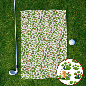 Pomeranian Paw Pattern Golf Towels, Cute Fluffy Pom Dog Pattern Golf Towel, Crazy Golf Gift For Golfers