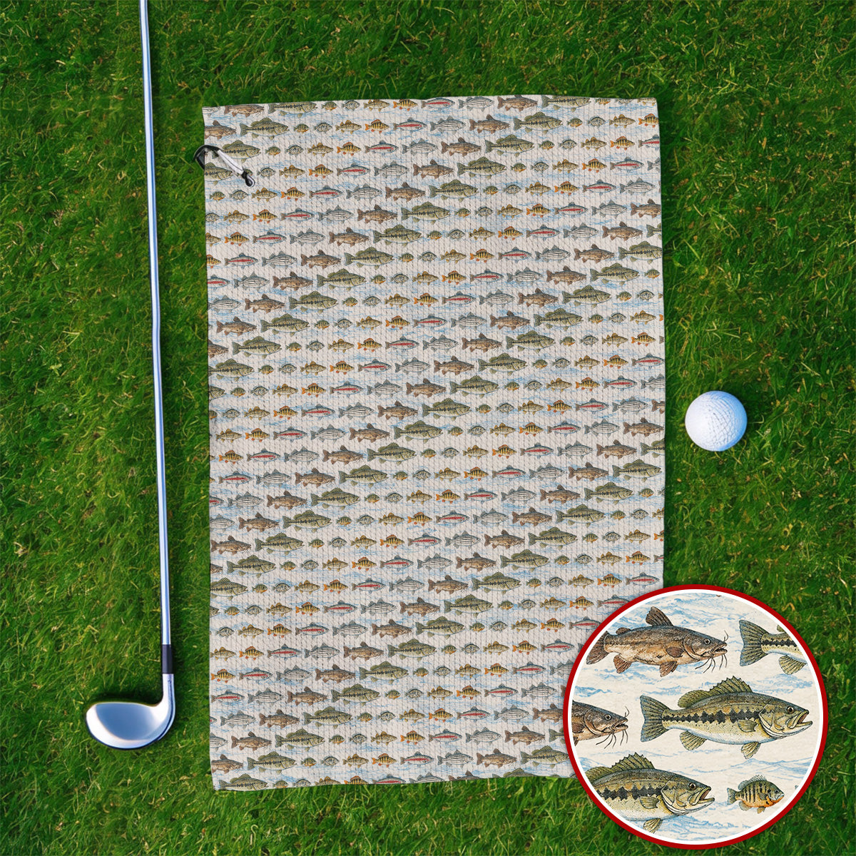 Freshwater Fishing Pattern Golf Towels, Bass Trout Catfish & Perch Golf Towel, Fishing Gift For Golfer