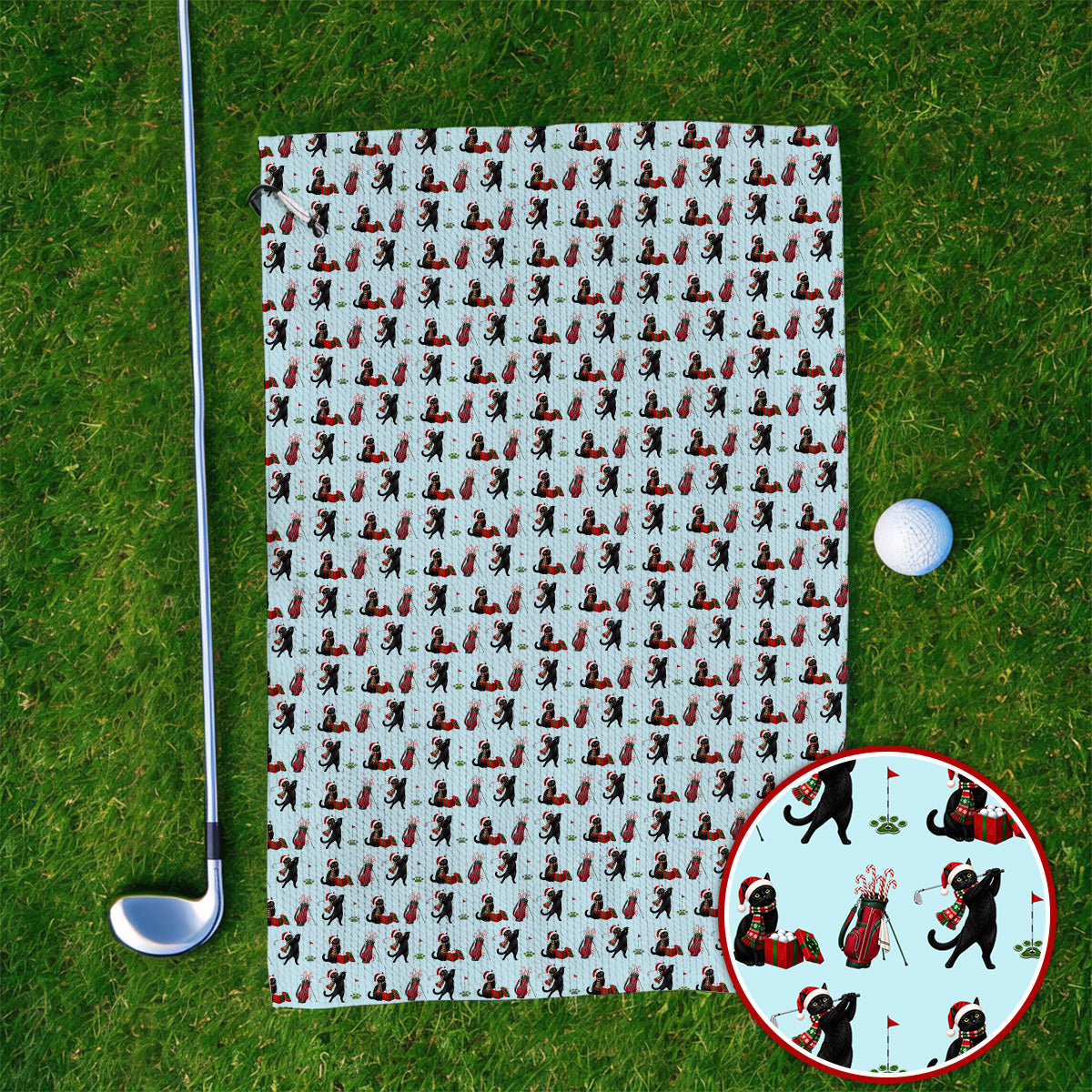 Black Cat Christmas Golf Towels, Festive Cat Patterm Golf Towel, Funny Holiday Golf Gift For Golfer