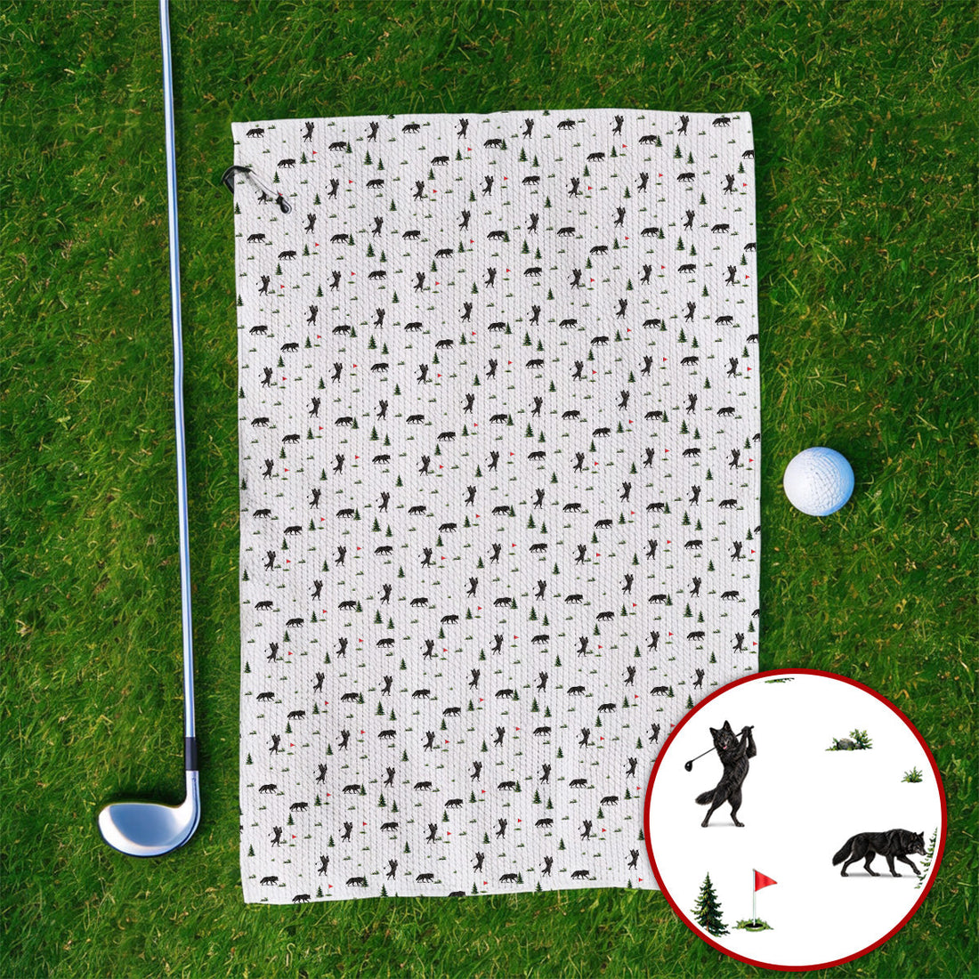 Black Wolf Pattern Golf Towels, Crazy Wolf Golf Towel, Wilderness Golf Gift for Golfers