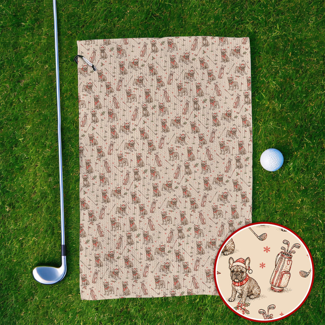 French Bulldog Christmas Golf Towels, Vintage Holiday Dog Pattern Golf Towel, Xmas Golf Gift for Golfers