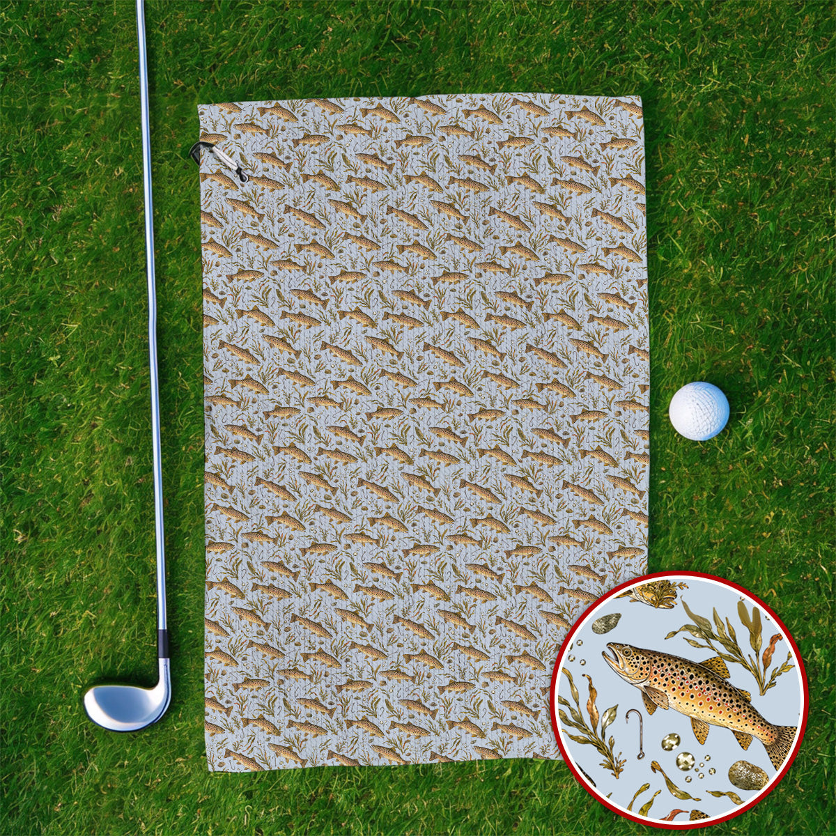Funny Brown Trout Fishing Golf Towels, Vintage Trout & Fly Fishing Pattern Golf Towel, Golf Gift For Golfer