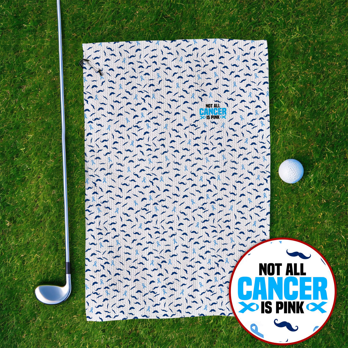Prostate Cancer Awareness Golf Towels, Blue Ribbon Mustache Pattern Golf Towel, Support Gift for Golfers