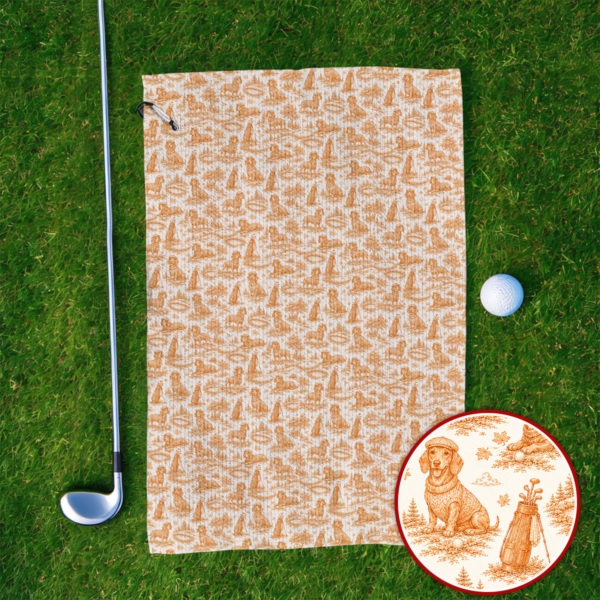Dachshund Toile de Jouy Golf Towel, Autumn Wiener Dog Pattern Golf Towels, Crazy Golf Gift For Golfer