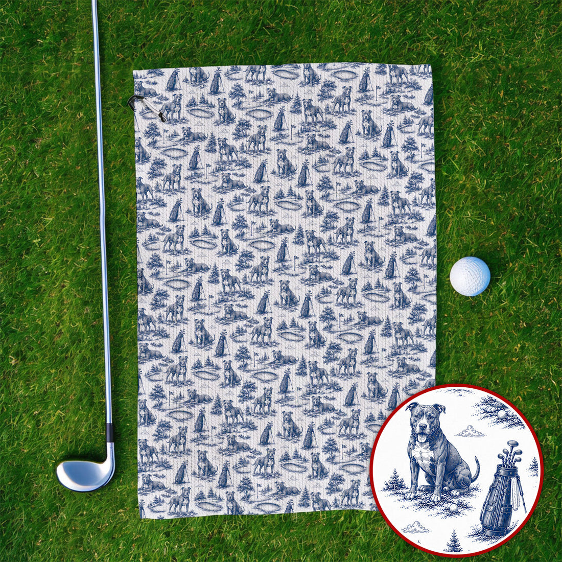 Crazy Pit Bull Golf Towels For Golfer, Toile de Jouy Pit Bull Pattern Golf Towel, Dog Lover Golf Gift