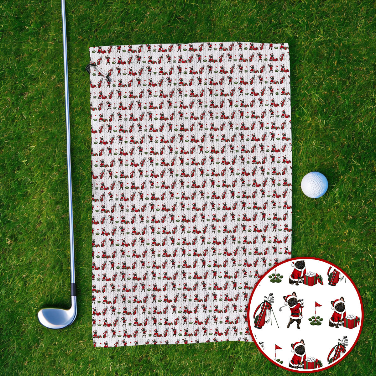 Christmas French BullDog Pattern Golf Towels, Funny Santa French BullDog Holiday Golf Towel, Xmas Golf Gift For Golfers