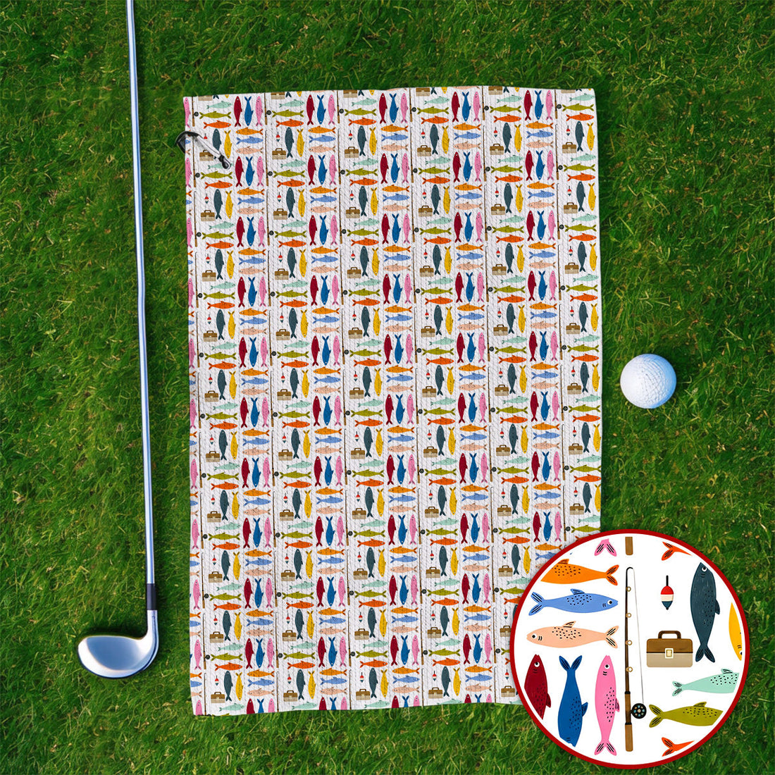 Colorful Fish Pattern Golf Towels, Fishing Rod Pattern Golf Towel, Crazy Golf Gift For Anglers and Fishermen