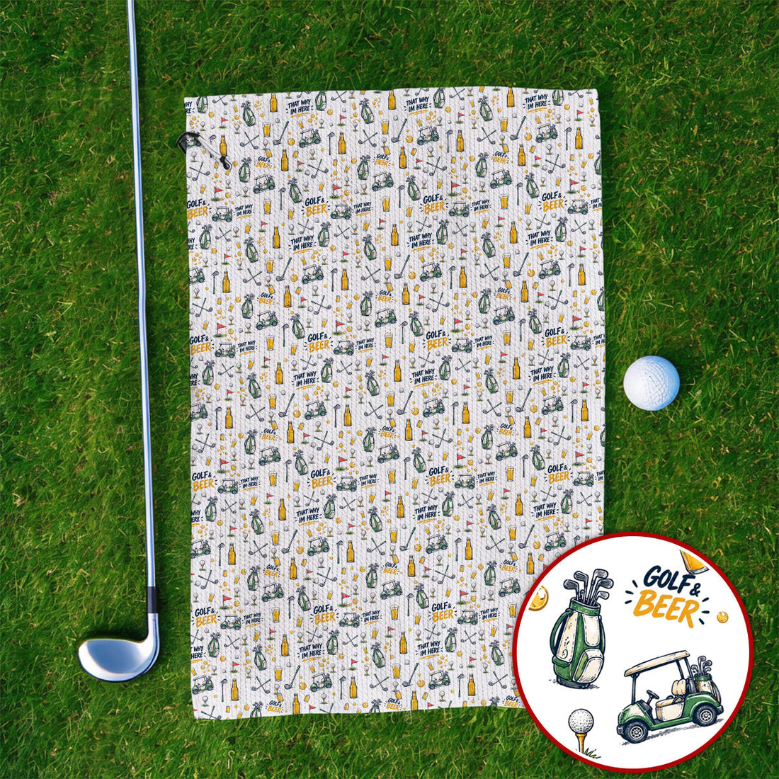 Funny Golf & Beer Towels, Golf Cart And Beer Pattern Golf Towel, That’s Why I’m Here Golf Gift For Golfer