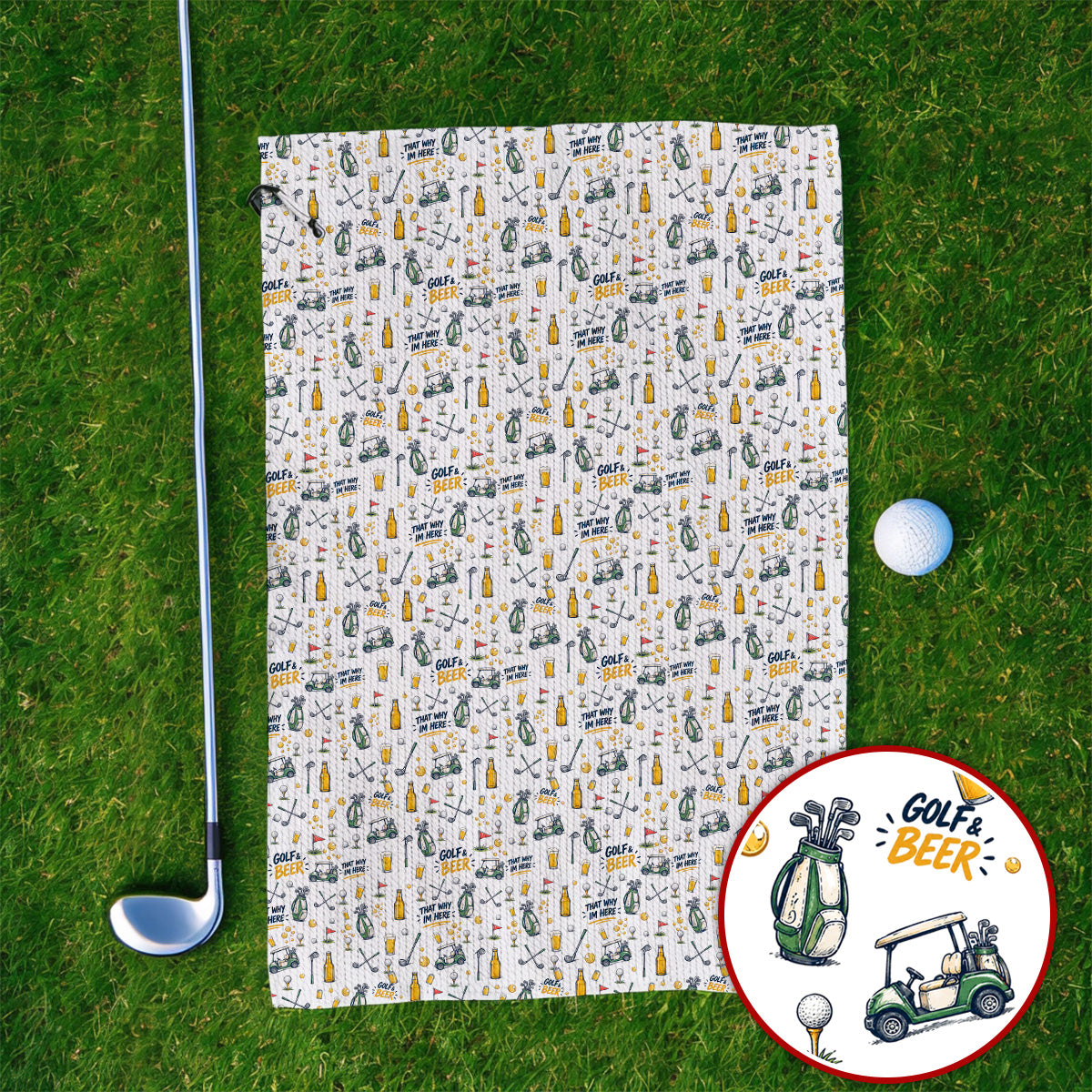 Funny Golf & Beer Towels, Golf Cart And Beer Pattern Golf Towel, That’s Why I’m Here Golf Gift For Golfer