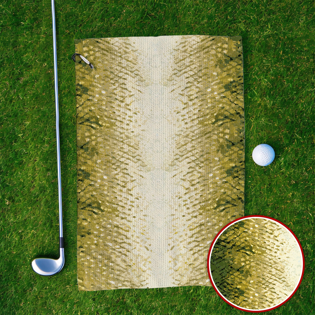 Bass Fishing Pattern Golf Towels, Golden Green Bass Fish Scale Golf Towel, Golf Gift For Fishers