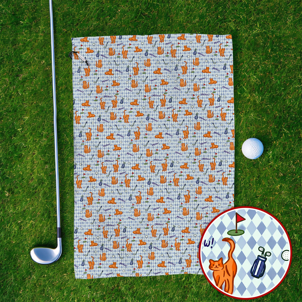 Cute Orange Cat Golf Towels, Meow Cat And Golf Pattern Towel, Funny Cat Golf Gift For Golfer