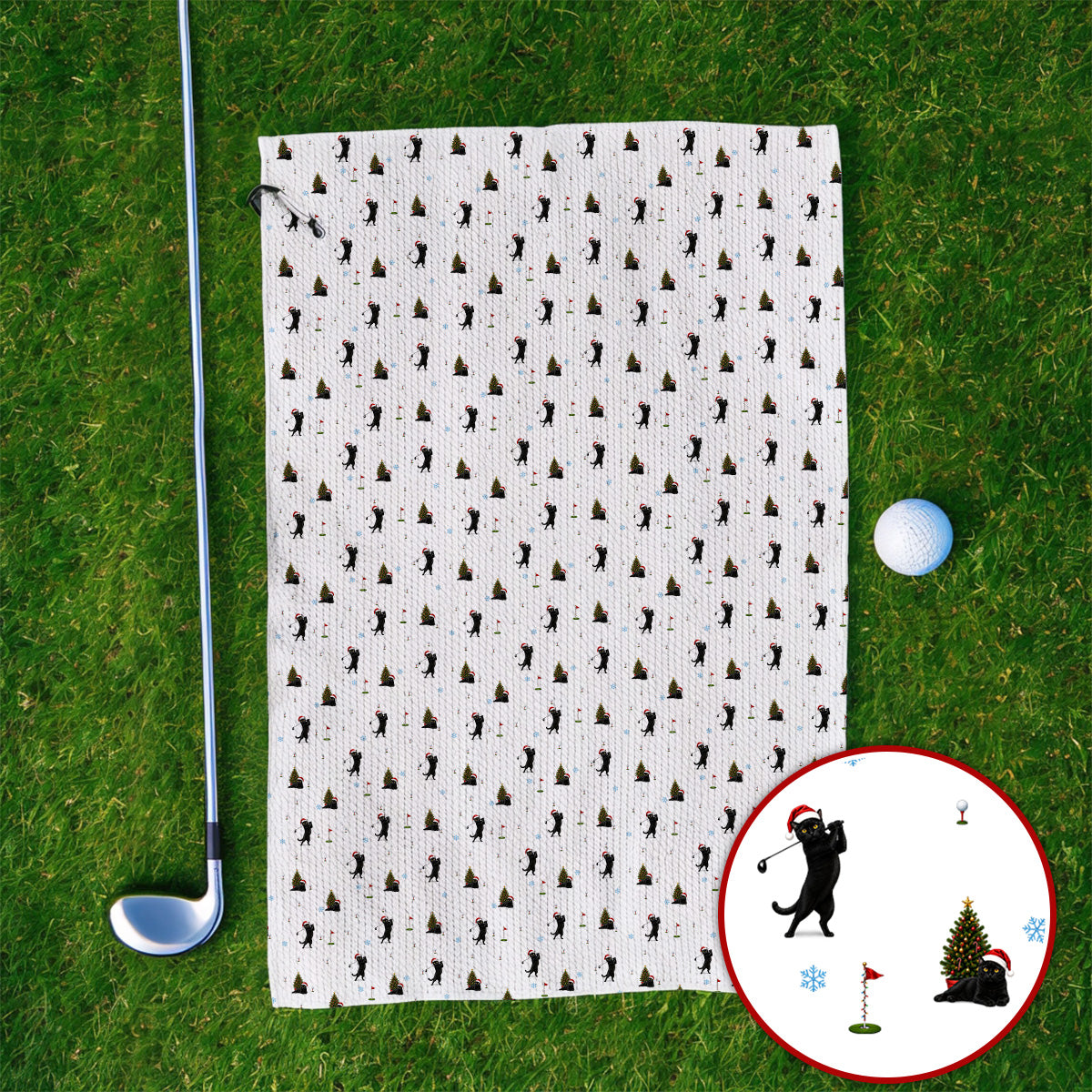 Black Cat Christmas Golf Towels, Funny Cat Pattern Golf Towel, Xmas Golf Gift for Golfers