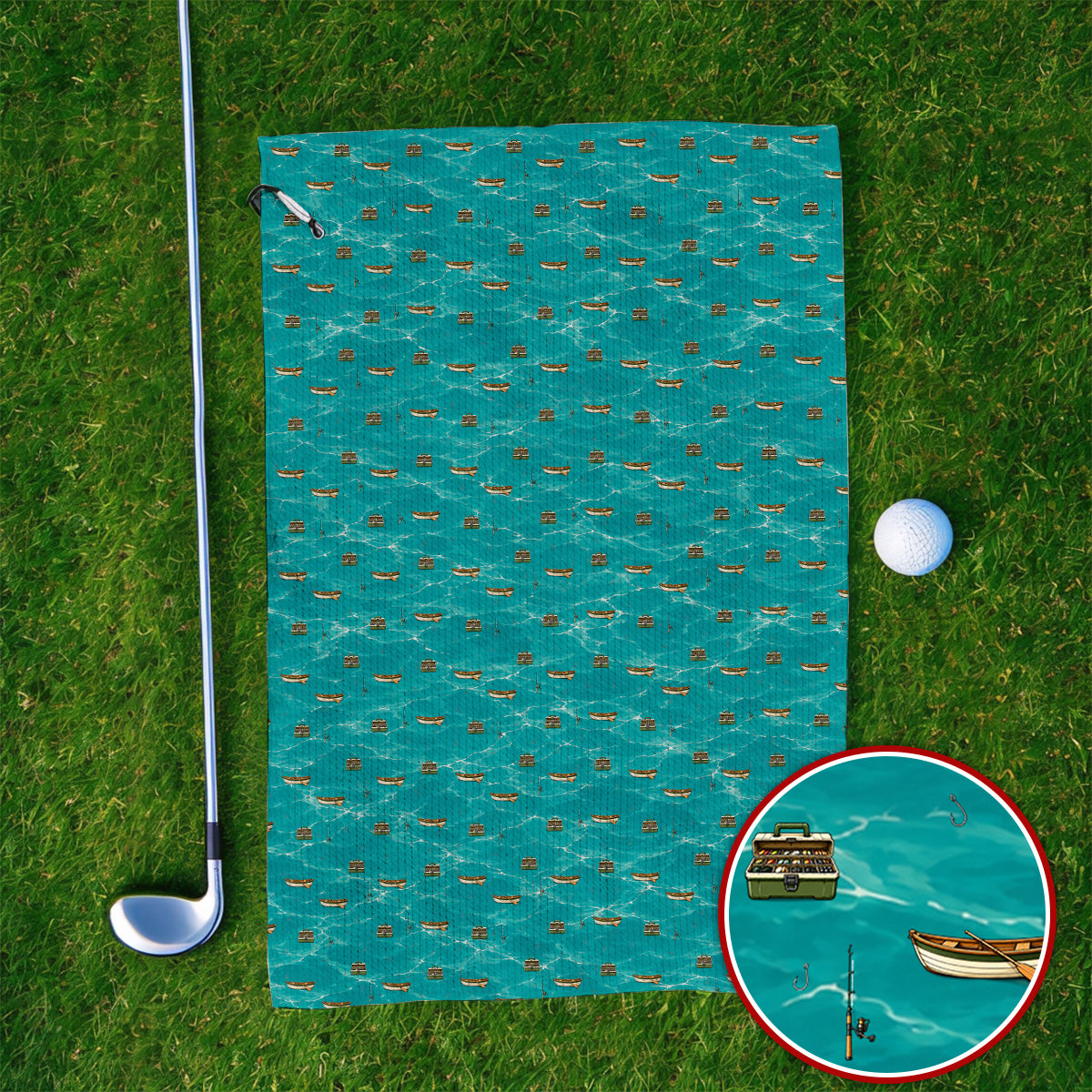 Fishing Pattern Golf Towels, Fishing Boat With Tackle Pattern Golf Towel, Unique Fishing Gift for Fishermen And Golfer