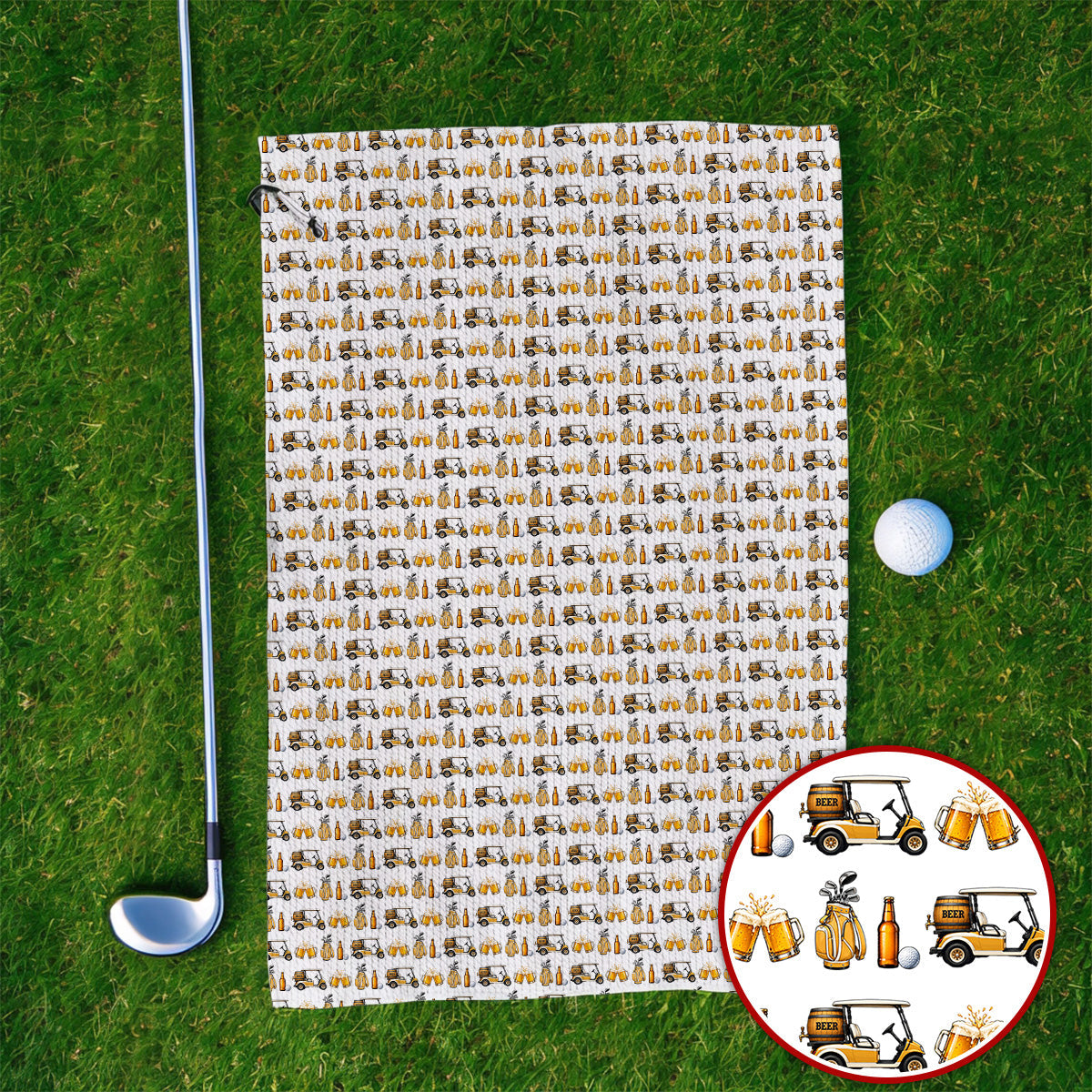 Golf & Beer Towels, Funny Beer Golf Cart Pattern Golf Towel, Beer Golf Gift For Golfers
